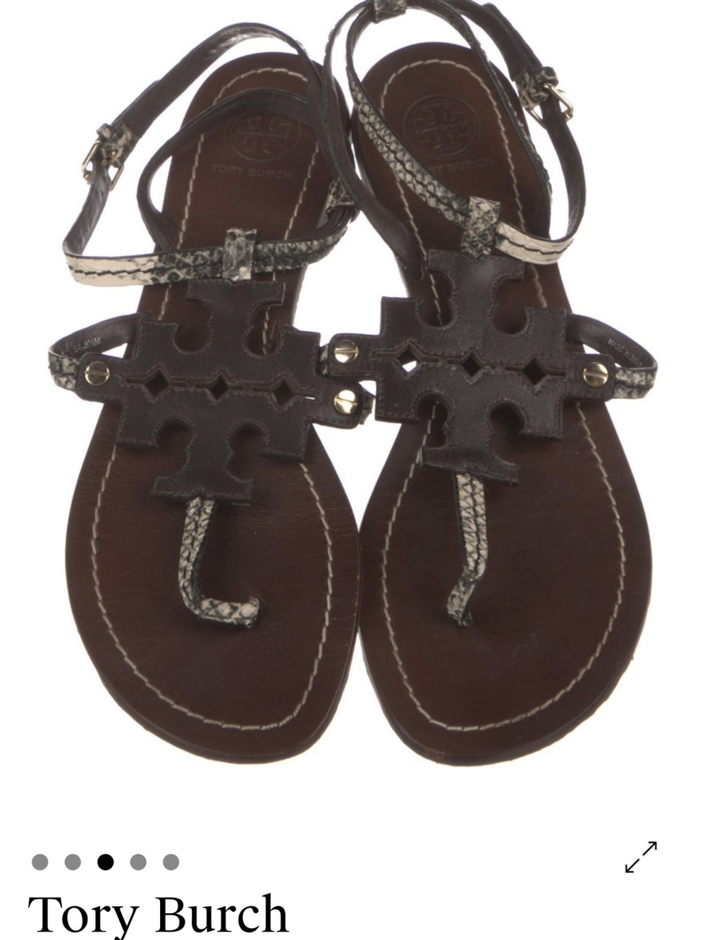 Tory Burch Brown Leather Logo Thong Sandals with Snake-Print Straps